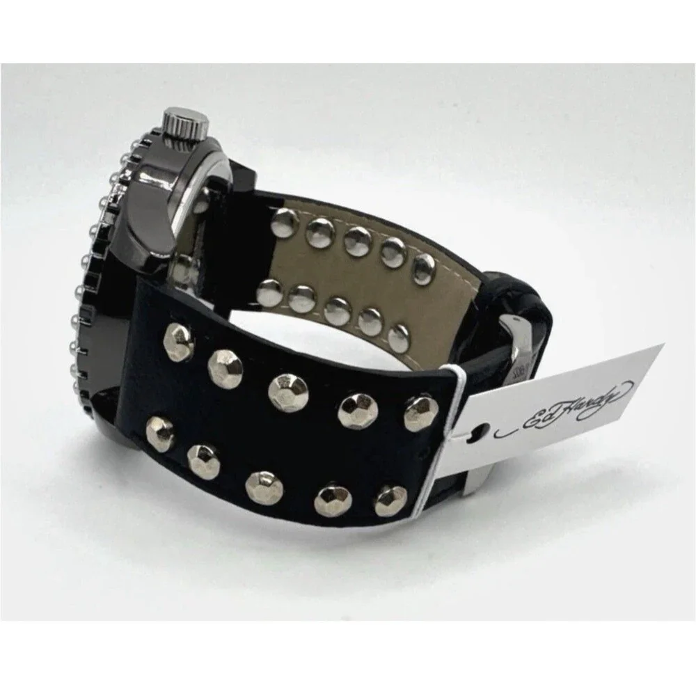 Ed Hardy Quartz Analog Watch Skull Dial Black Studded Leather Strap NEW IN BOX